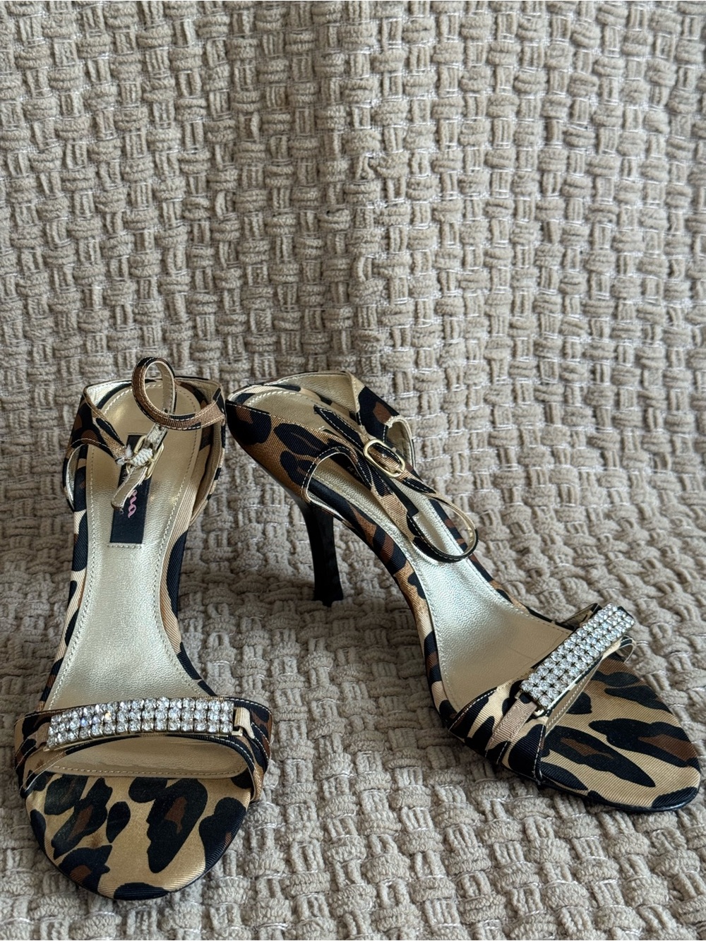 Nina Leopard Print Rhinestone Ankle-Strap Heels - Beige/Black